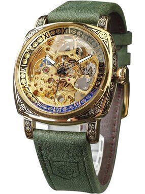 Mens Army Green Square Mechanical Leather Strap Self-Wind Carved Automatic Watch